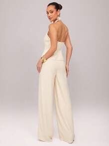 Silquee Premium Quality Summer Solid Beige Linen Halter Neck Metal Buckle Decorated Top + Trousers, Elegant Commuting Sexy Office Ladies Daily Two-Piece Clothing, Suitable For Daily Outings, Office Wear, Girlfriends Dating