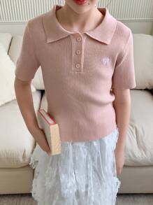 DAZY Tween Girls Turndown Collar Butterfly Embroidery Short Sleeve Sweater, Spring/Summer,Back To School Clothes - Pink - View 7