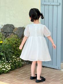 SHEIN Little Byeori Unga flickor Casual Loose Fit Bowknot Dekor Puff Sleeve Mini Klänning, Vit - Vitt - Visa 2