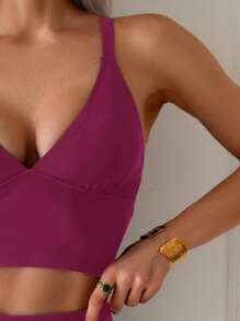 SHEIN Swim 女士纯色 V 领分体泳衣套装，夏季海滩/度假