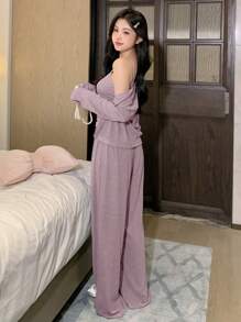 DAZY 3pcs/Set Wave Trim Decor Bowknot Camisole Top & Straight Hem Pants & Open Front Top Lounge Set, Cozy Outfits, Fall Winter Clothes - Purple - View 2
