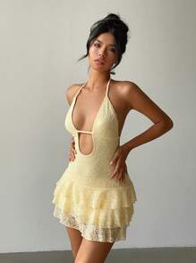 Aloruh Vestido Mini Sexy com Decote Halter e Costas Abertas, Cor Sólida - Amarelo - Visão 6