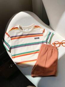 SHEIN 2 pièces Ensemble Top à manches courtes rayé mignon et short à taille élastique pour bébé garçon - Multicolore - Voir 6