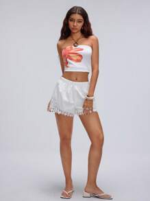 TRNVIE Shorts casuales de mujer de unicolor con cintura elástica y parches de encaje
