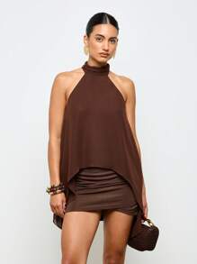 AiiRZ Canotta con scollo a giro e effetto cascata, blusaCarsaablu in chiffon drappeggiato, con orlo asimmetrico, abbigliamento da festa e da sera, smanicata, con orlo alto-basso, moda autunnale