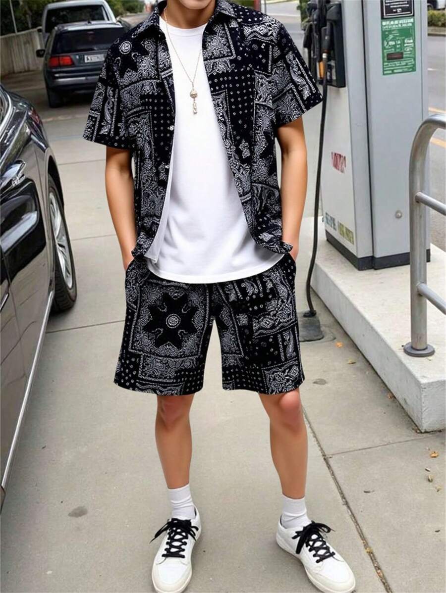 Teen Boy's 3pcs Short Sleeve Shirt, Vest And Shorts Set With Paisley Pattern, School, Campus, College