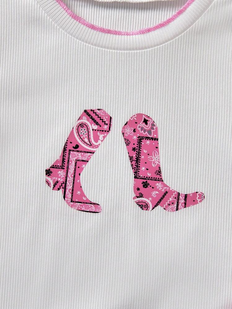 SHEIN Conjunto de Camiseta estampada con textura floral vintage + Parche de mezclilla con estampado retro 2025 Primavera/Verano, con cinturón, para actividades al aire libre y reuniones sociales, para niñas jóvenes - Rosa Fucsia - Añade 8