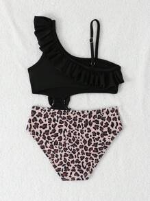 SHEIN Traje de baño de una pieza con volantes y recortes con estampado de leopardo para niña