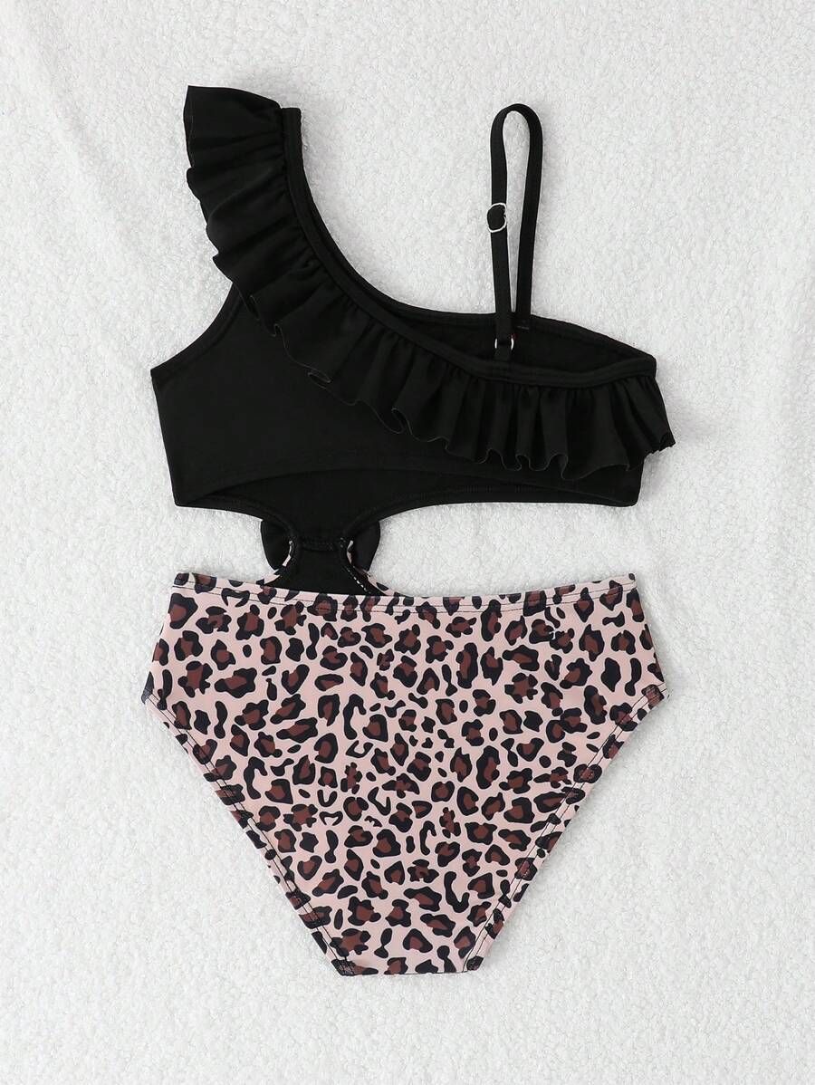 SHEIN Traje de baño de una pieza con volantes y recortes con estampado de leopardo para niña - Multicolor - Ver 1