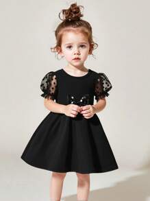 Glamorique Kids 女婴休闲时尚波尔卡圆点网眼短袖连衣裙，夏季 - 黑色 - 查看 8