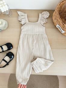 SHEIN LMoss Kids Girl's Cute Apricot Textured Cap Sleeve Jumpsuit, Versatile Summer