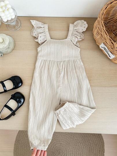 SHEIN LMoss Kids Girl's Cute Apricot Textured Cap Sleeve Jumpsuit, Versatile Summer
