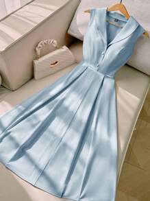 Regalyn Plus Size Women's Pink Collar Pleated Button Front Sleeveless Bodycon Dress, Suitable For Date, Party, Birthday, Office, Vacation, Casual Summer, And Business Casual