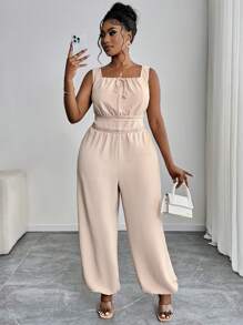 SHEIN PETITE CURVE Plus Size Khaki Casual Cropped Jumpsuit With Shirred Details And Square Neckline Lace Trim - Khaki - View 6