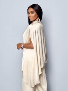 SOLERSUN Women's Fashionable Solid Color Elegant Mock Neck Stylish And Sophisticated Batwing Sleeve Satin Asymmetrical Hem Blouse & Straight-Leg Elegant Long Pants Sets Fall Cloth For Women