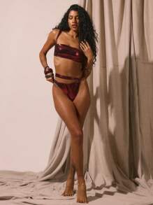 Musera Resort Metallic Ruched Bust Metallic Bikini Top Only Spring Summer Vacation Sexy Boho Ibiza Festival Beach Swim Rave Sands - Burgundy - View 4