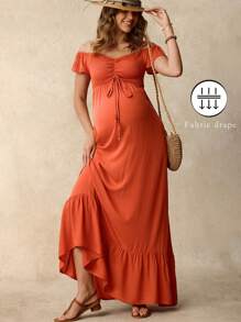 Boho Mama Bohemian Maternity Off-Shoulder Ruffled Hem Short Sleeve Solid Color Dress - Rust Brown - View 6