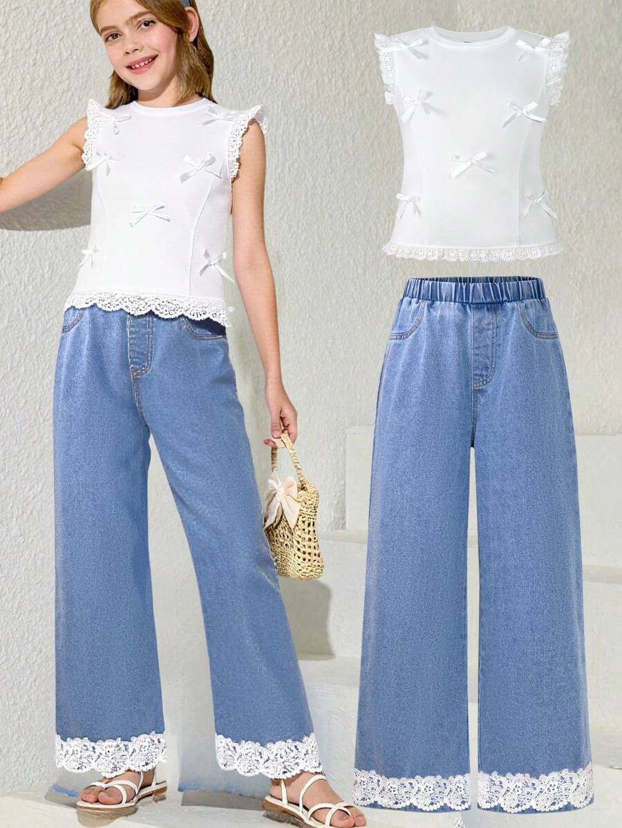 2 Stücke/Set, Tween-Mädchen Sommer Outfit, bestehend aus weißem ärmellosen Top mit Schleife und weiter Jeans Schlupfhose, Lässig