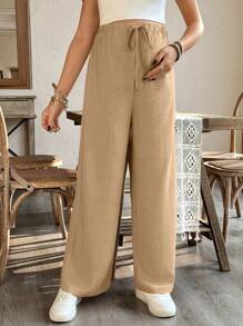SHEIN Loose Wide-Leg Maternity Pants, Casual For Spring/Summer - Khaki - View 5