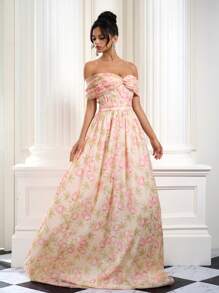 Coutiva 女士优雅花卉印花前扣露肩晚礼服、夏季、派对礼服、舞会礼服 - 粉色 - 查看 1