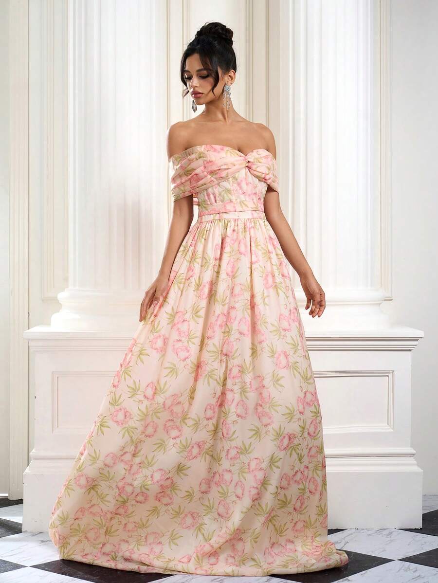 Coutiva 女士优雅花卉印花前扣露肩晚礼服、夏季、派对礼服、舞会礼服 - 粉色 - 查看 1