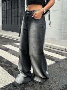 SHEIN EZwear Women's Casual Extra Long Black Denim Jeans With Zipper Details And A Stylish Two-Tone Fade