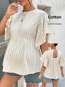 SHEIN 孕妇条纹圆领荷叶边短袖休闲T恤