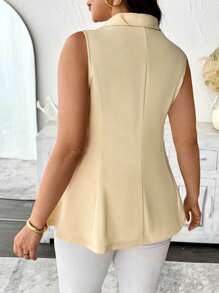 SHEIN Clasi 大码女式春夏法式时尚优雅休闲度假/通勤纯色西装外套双排扣后背蝴蝶结腰部喇叭形 A 字形无袖衬衫 - 黃色 - 查看 2