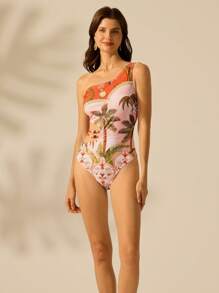 CAJUNI Damen Urlaubs-Einschulter-Badeanzug mit Palmen- und tropischem Blumen Muster in Orange, seitliche Taille mit Hohlräumen und Perlen-Schleife, geeignet für Strand, Date, Urlaub