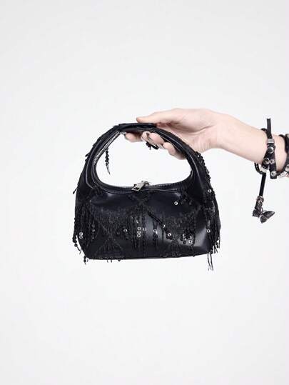 Goth Bolso de mano de mujer con decoración de flecos con lentejuelas