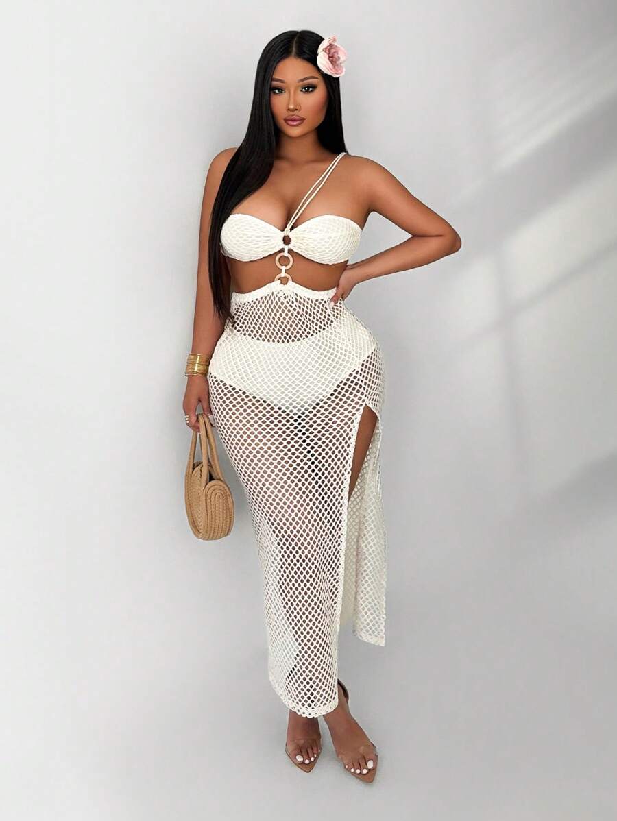 Zolique Vestido largo y sexy sin mangas con diseño calado de unicolor para mujer