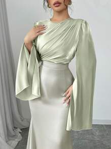 Rafferiza 女士优雅收腰鱼尾下摆鸡尾酒会连衣裙，喇叭袖，闪亮面料，秋冬长款女装 - 綠色 - 查看 6