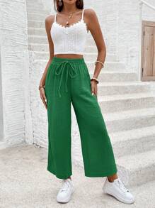 SHEIN Frenchy 女士纯色休闲长裤，适合夏季 - 橄欖綠 - 查看 5