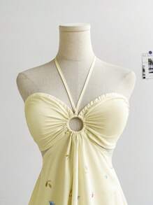 Soleia Romantic Butterfly Floral Print Drawstring Neck Hollow Out Waist Casual Holiday Dress For Women, Suitable For Date, Anniversary, Valentine's Day, Afternoon Tea,Bohemian Clothes Vacation Dress - Yellow - View 6