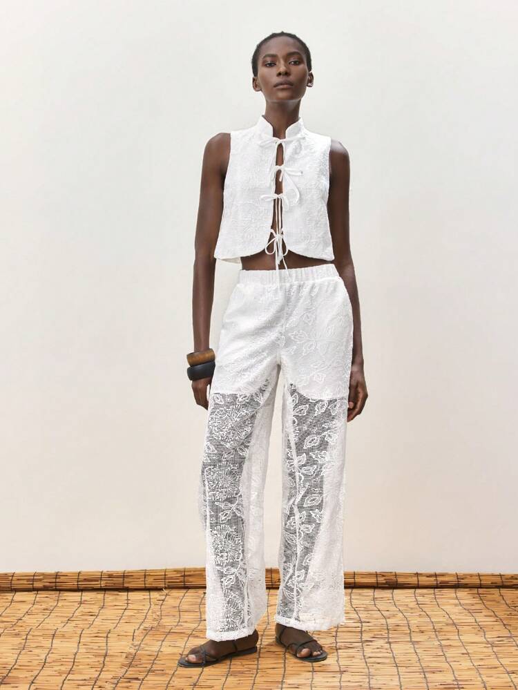 SHEIN Maija 女性夏用ウェア ハイウエスト ジャカード生地 フローラル 斜めポケット ゆとりデザイン リゾート 女性ロングパンツ