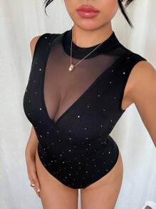 Rafferiza Women's V-Neck Sheer Mesh Patchwork Bodysuit, Sexy & Alluring, Autumn - Black - View 4