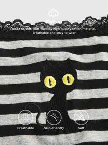 ROMWE Hippie Plus Size Black Cat Printed Striped Camisole Top With Lace Decoration, For Summer - Black and White - View 4