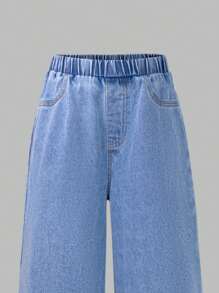 2 Stücke/Set, Tween-Mädchen Sommer Outfit, bestehend aus weißem ärmellosen Top mit Schleife und weiter Jeans Schlupfhose, Lässig