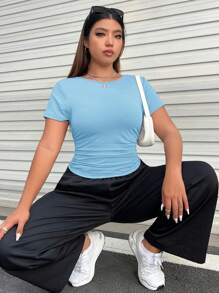 SHEIN EZwear Plus Size Ruched Waist Detail Stretchy T-Shirt - Blue - View 5