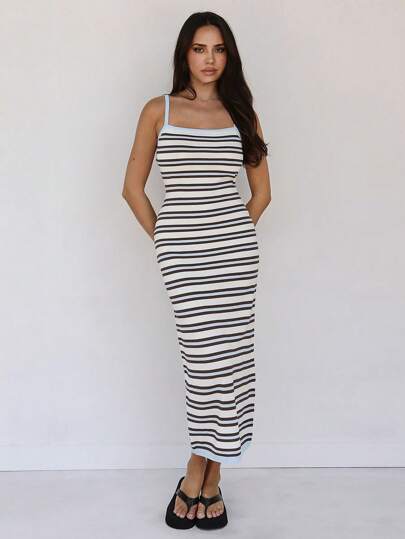 Roylia Đầm Maxi Ôm Body Không Tay Sọc Phối Màu Xanh, Trắng Và Xám, Thích Hợp Cho Kỳ Nghỉ