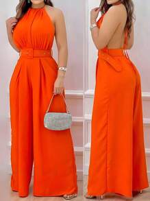 INAWLY Women's Sexy Halter Backless Loose Jumpsuit With Belt