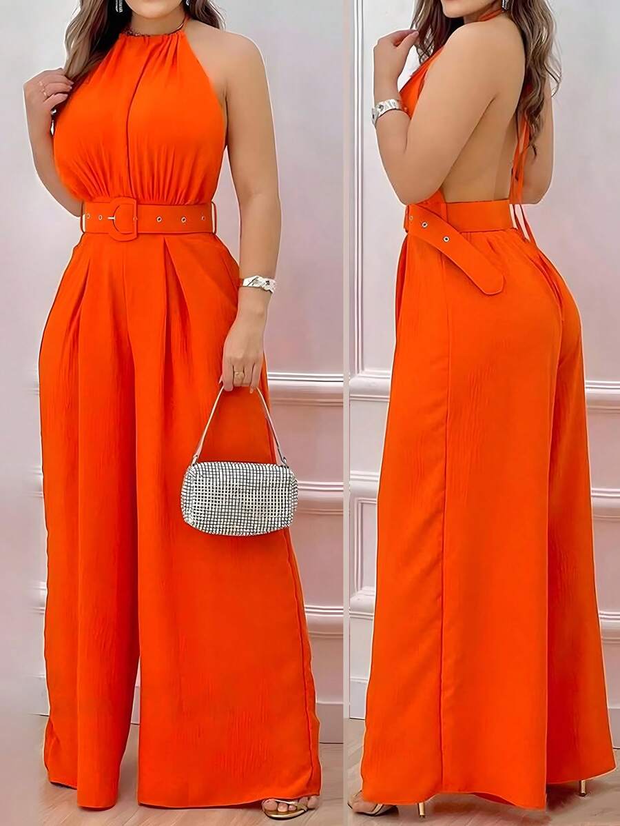INAWLY Women's Sexy Halter Backless Loose Jumpsuit With Belt