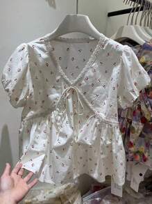 SHEIN 女式樱桃印花泡泡袖休闲度假衬衫