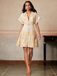 Anewsta Vestido camisero elegante de flores con cuello, cintura ajustada y tela ligera para resort, atuendos de primavera para ropa de verano para mujer - Albaricoque - Ver 5