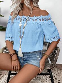 SHEIN LUNE Blusa de manga corta con detalles florales, textura y patchwork de encaje - Azul - Ver 8