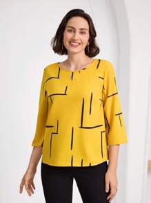 Miaspire Women Geometric Print Roll-Up Sleeve Casual Shirt, Spring & Summer, Tea Party Dress,Butter Yellow, Fall Women Clothes - Yellow - View 4