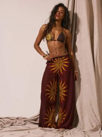 Musera Resort 图形太阳印花超长裙罩衫春夏季度假性感波西米亚风伊比沙岛节日海滩泳装沙滩秋季派对