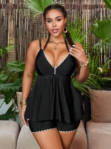 SHEIN Swim Curve Plus Size Women Flower Bud Print V-Neck Racerback Tankini Swimsuit Set, Casual Beach Resort Wear For Summer Beach Vacation - Black - View 3