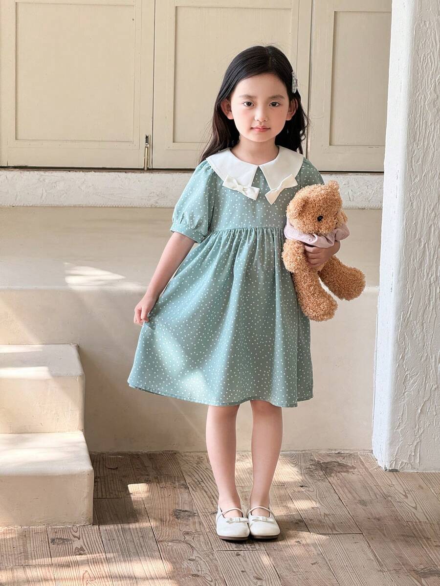 SHEIN 小女孩可爱拼色领泡泡袖连衣裙 - 彩色 - 查看 1