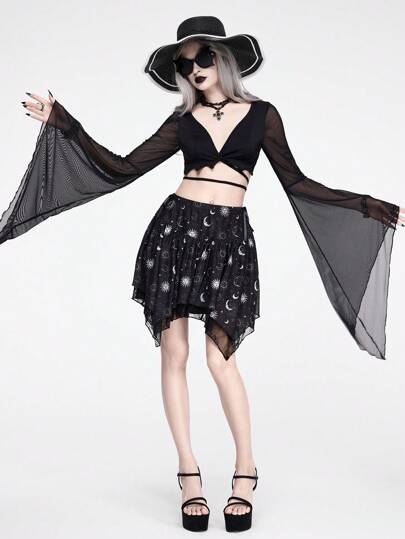 Goth Jupe élégante à ourlet asymétrique pour femme, imprimé lune et étoiles, été